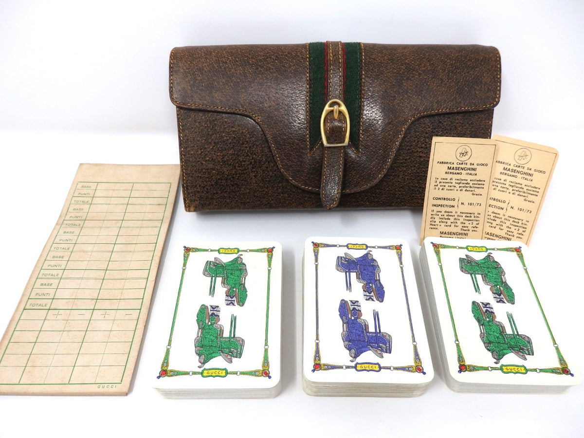 OLD GUCCI Sherry Line Vintage Leather Case 3 Decks Playing Cards & Score Rare