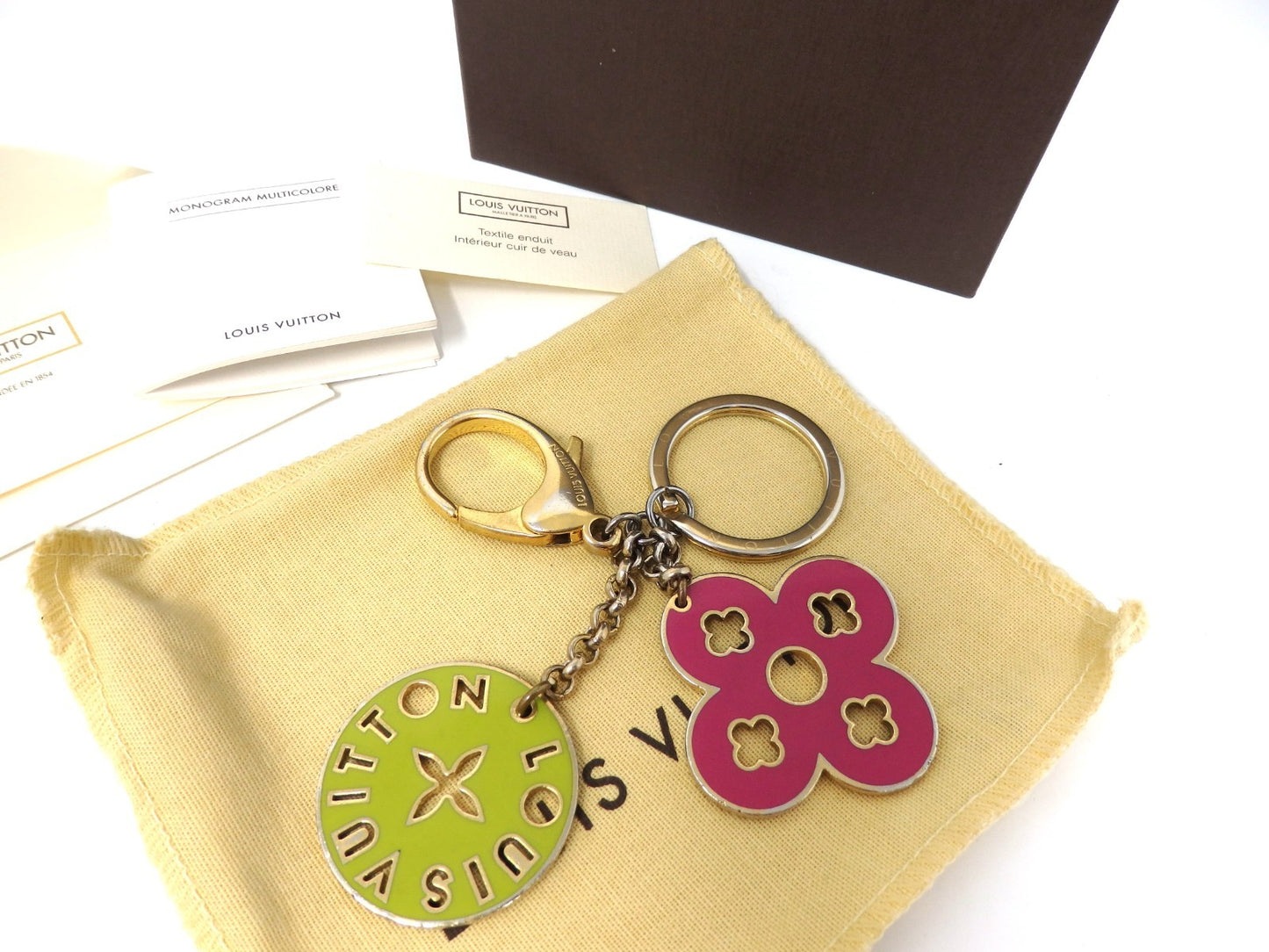 LOUIS VUITTON Porte Cles Looping Flower Bag Charm Key Ring Chain Pink Green Box
