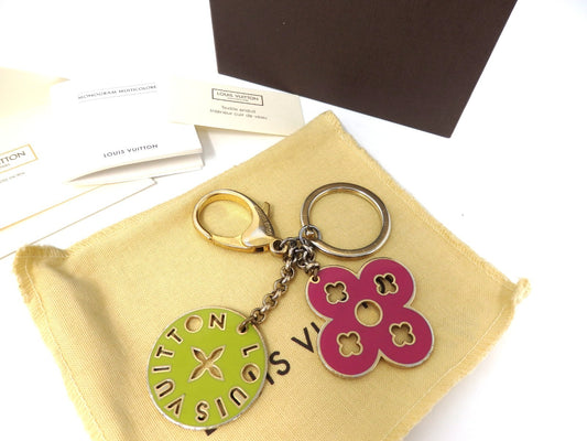 LOUIS VUITTON Porte Cles Looping Flower Bag Charm Key Ring Chain Pink Green Box