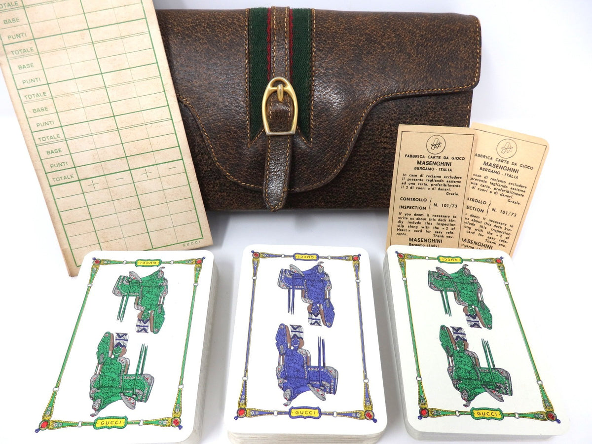 OLD GUCCI Sherry Line Vintage Leather Case 3 Decks Playing Cards & Score Rare