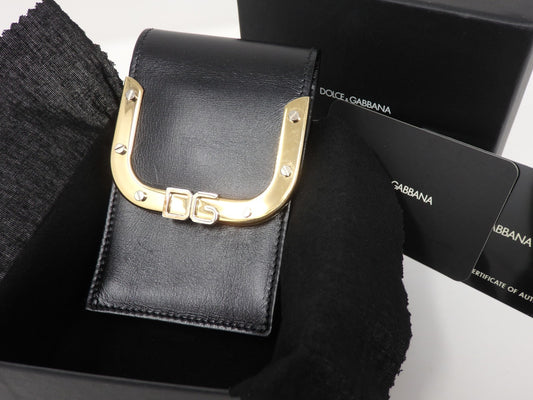 Dolce & Gabbana DG Logo Black Leather Cigarette Case Gold Tone Box Card Rare JPN