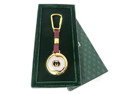 GUCCI Vintage GG Logo Interlocking Silver Gold Key Chain Holder Ring Charm Boxed