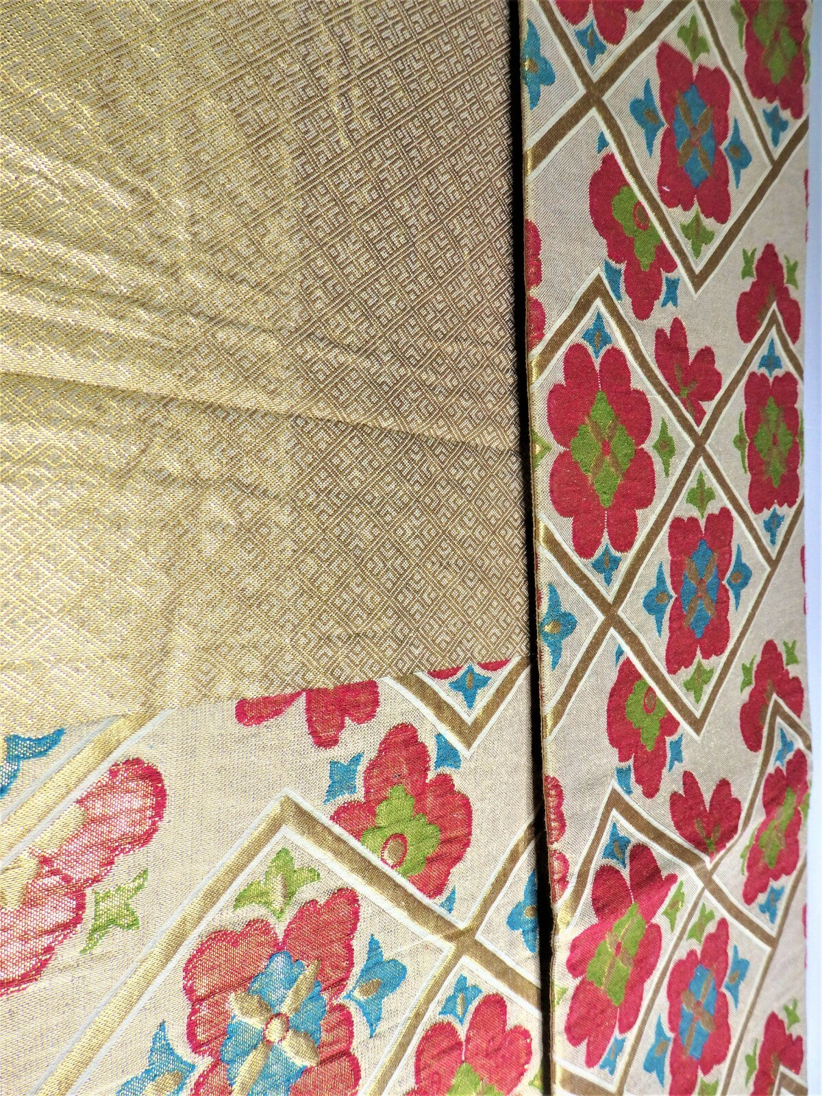 FUKURO OBI SILK Champagne Gold Flower design KIMONO Vintage Antique Japan beauty