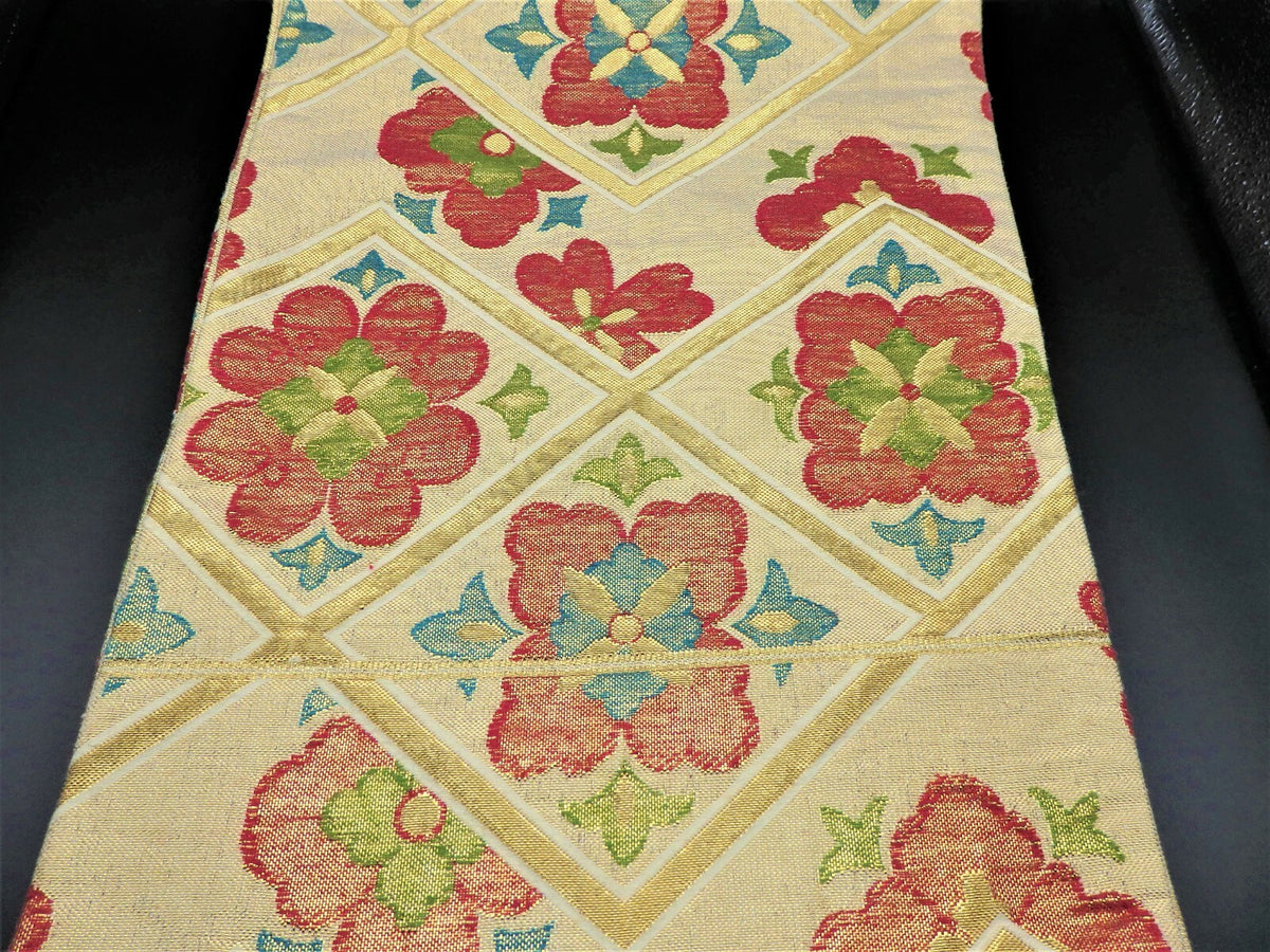 FUKURO OBI SILK Champagne Gold Flower design KIMONO Vintage Antique Japan beauty