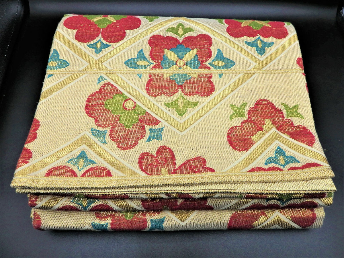 FUKURO OBI SILK Champagne Gold Flower design KIMONO Vintage Antique Japan beauty