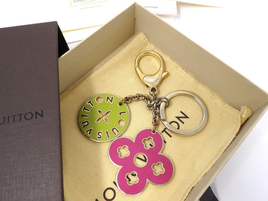 LOUIS VUITTON Porte Cles Looping Flower Bag Charm Key Ring Chain Pink Green Box