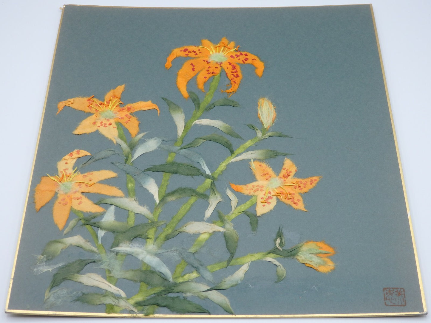 Japanese Paper Washi Chigiri-e Hari-e Handmade Shikishi Art "Golden‐rayed Lily”