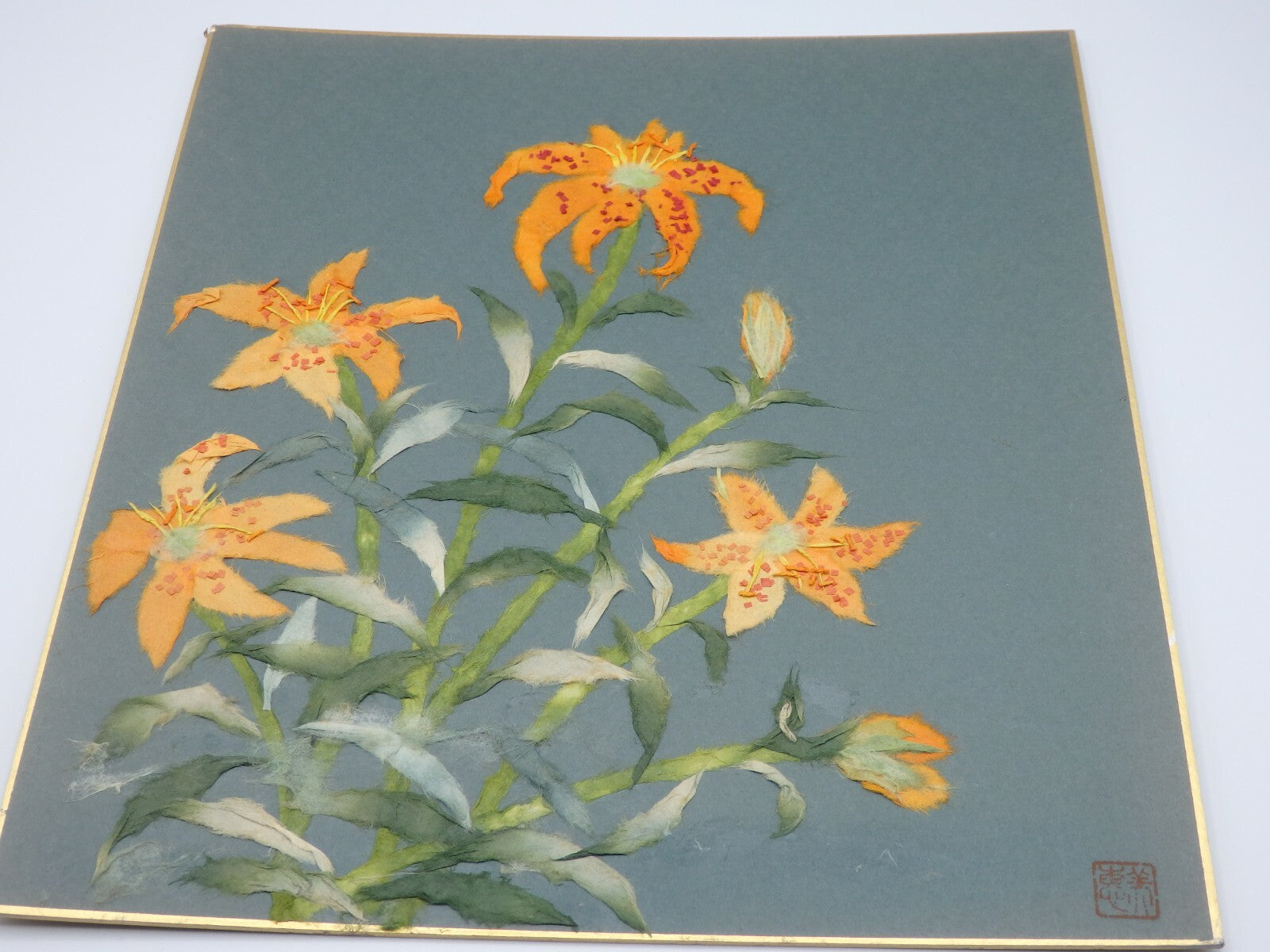 Japanese Paper Washi Chigiri-e Hari-e Handmade Shikishi Art "Golden‐rayed Lily”