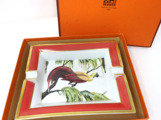 HERMES Ashtray Porcelain Exotic Bird Motif Interior Tableware Plate Gift Boxed