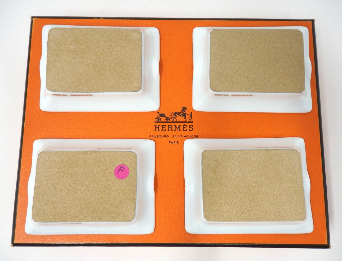 HERMES Mini Ashtray Set 4 Plate Change Tray Bird Pattern Porcelain Interior Box
