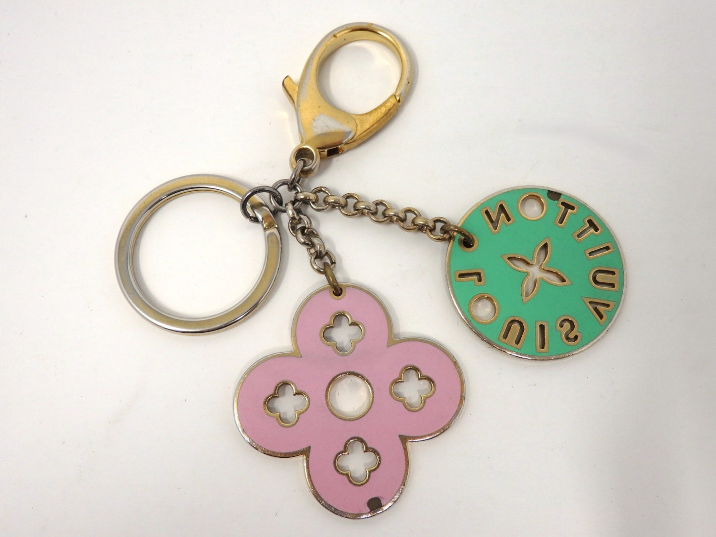 LOUIS VUITTON Porte Cles Looping Flower Bag Charm Key Ring Chain Pink Green Box
