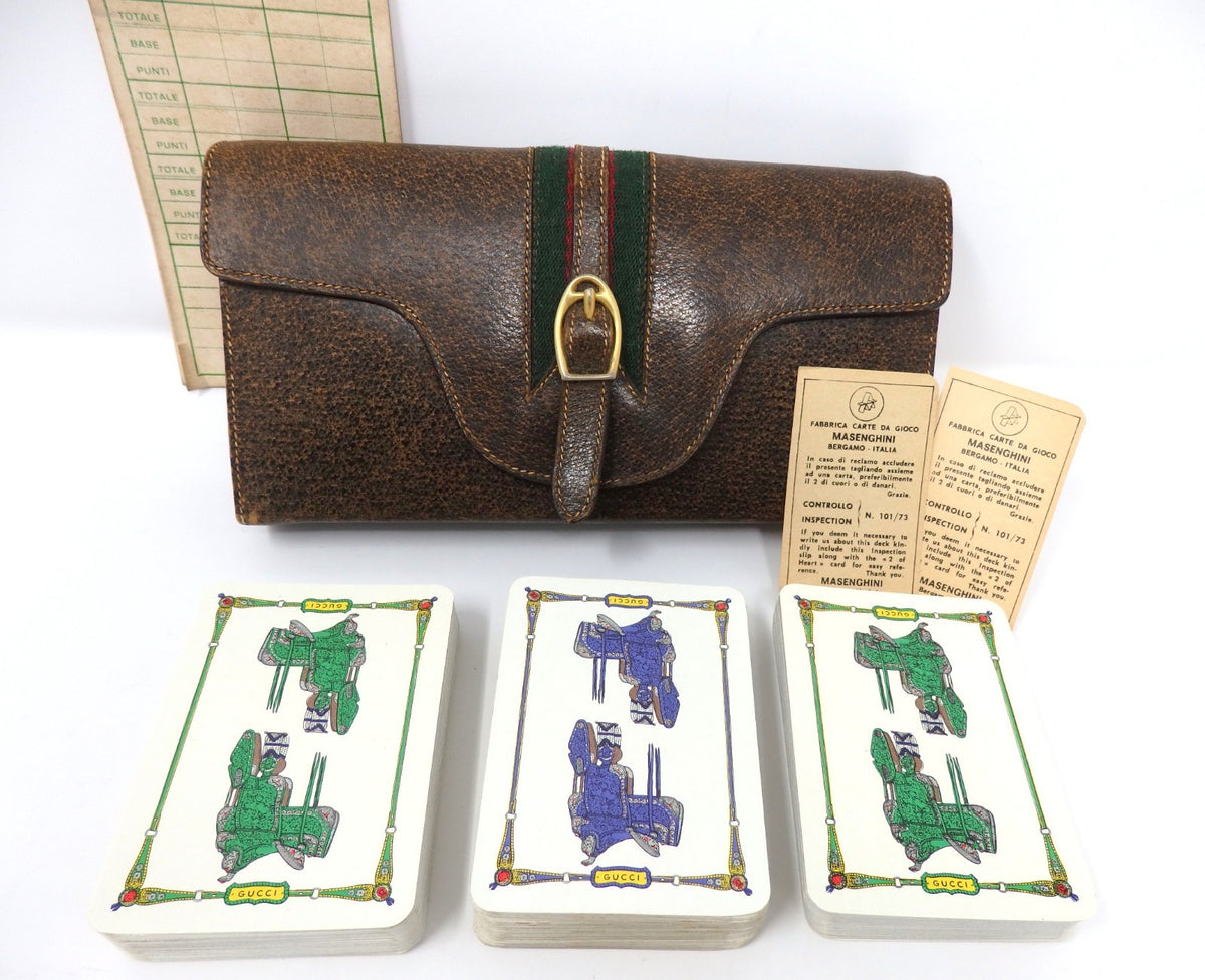 OLD GUCCI Sherry Line Vintage Leather Case 3 Decks Playing Cards & Score Rare