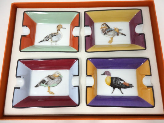 HERMES Mini Ashtray Set 4 Plate Change Tray Bird Pattern Porcelain Interior Box