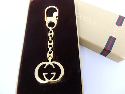 GUCCI Vintage Interlocking GG Logo Gold Keychain Key Holder Ring Charm Box Italy