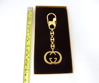 GUCCI Vintage Interlocking GG Logo Gold Keychain Key Holder Ring Charm Box Italy