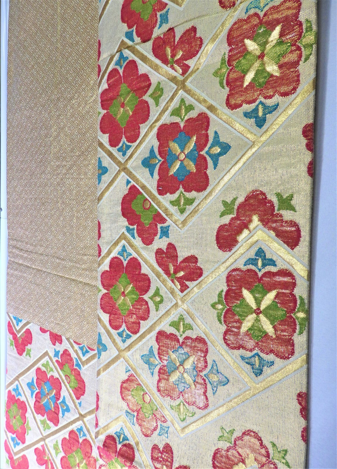 FUKURO OBI SILK Champagne Gold Flower design KIMONO Vintage Antique Japan beauty