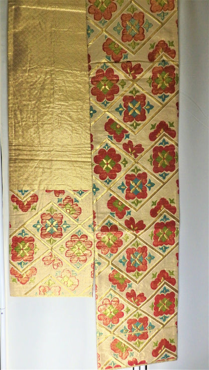 FUKURO OBI SILK Champagne Gold Flower design KIMONO Vintage Antique Japan beauty