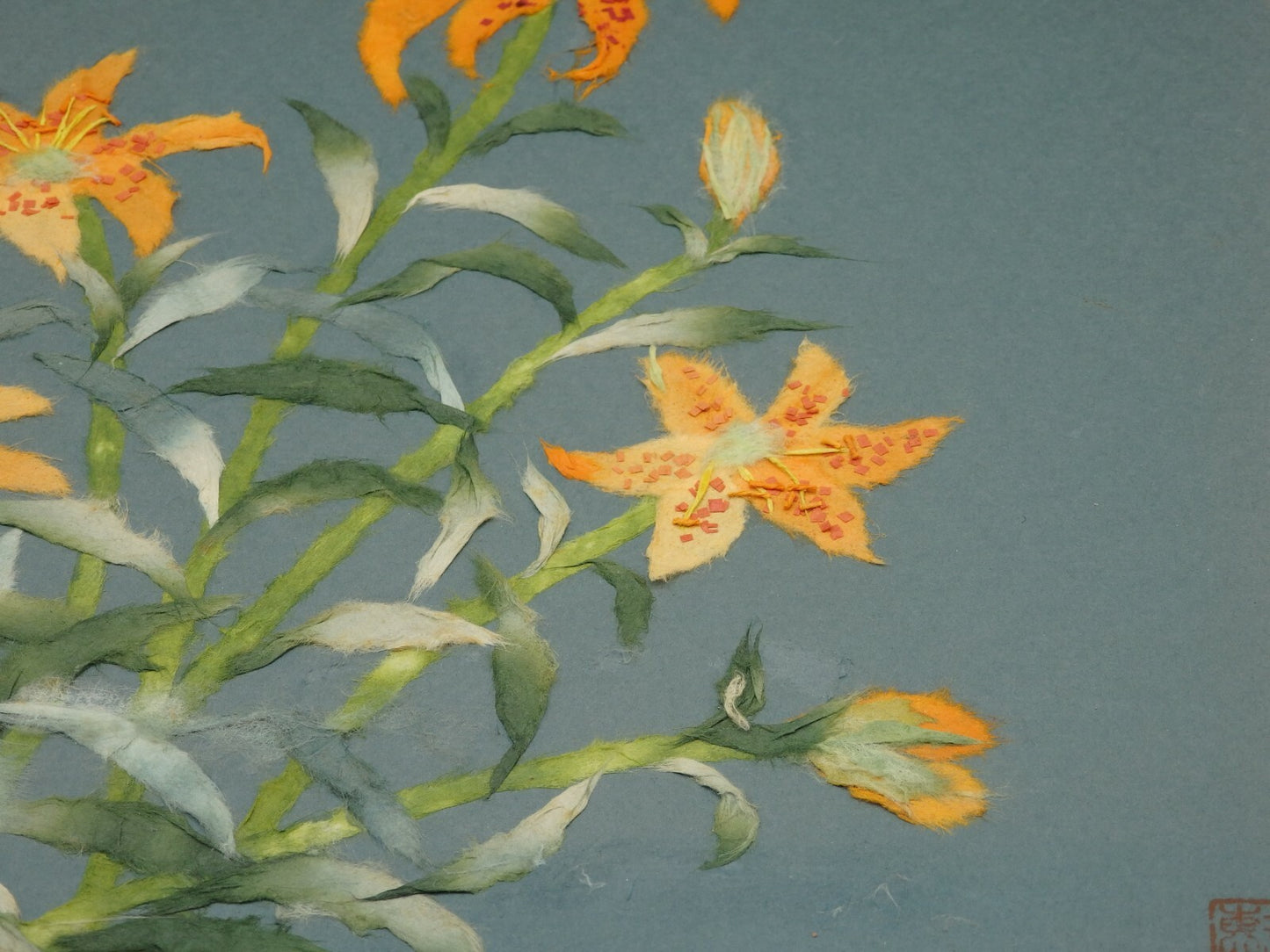 Japanese Paper Washi Chigiri-e Hari-e Handmade Shikishi Art "Golden‐rayed Lily”