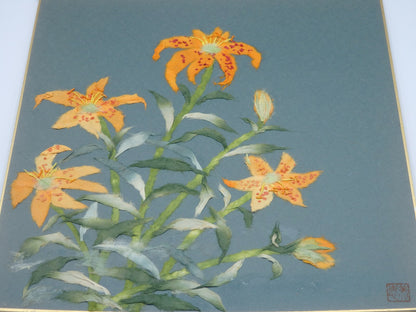Japanese Paper Washi Chigiri-e Hari-e Handmade Shikishi Art "Golden‐rayed Lily”