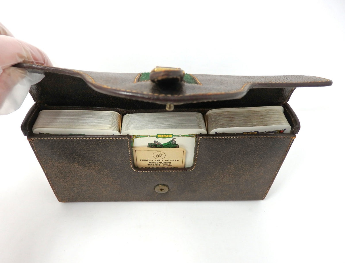 OLD GUCCI Sherry Line Vintage Leather Case 3 Decks Playing Cards & Score Rare