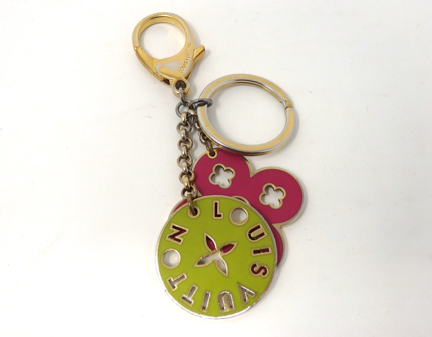 LOUIS VUITTON Porte Cles Looping Flower Bag Charm Key Ring Chain Pink Green Box