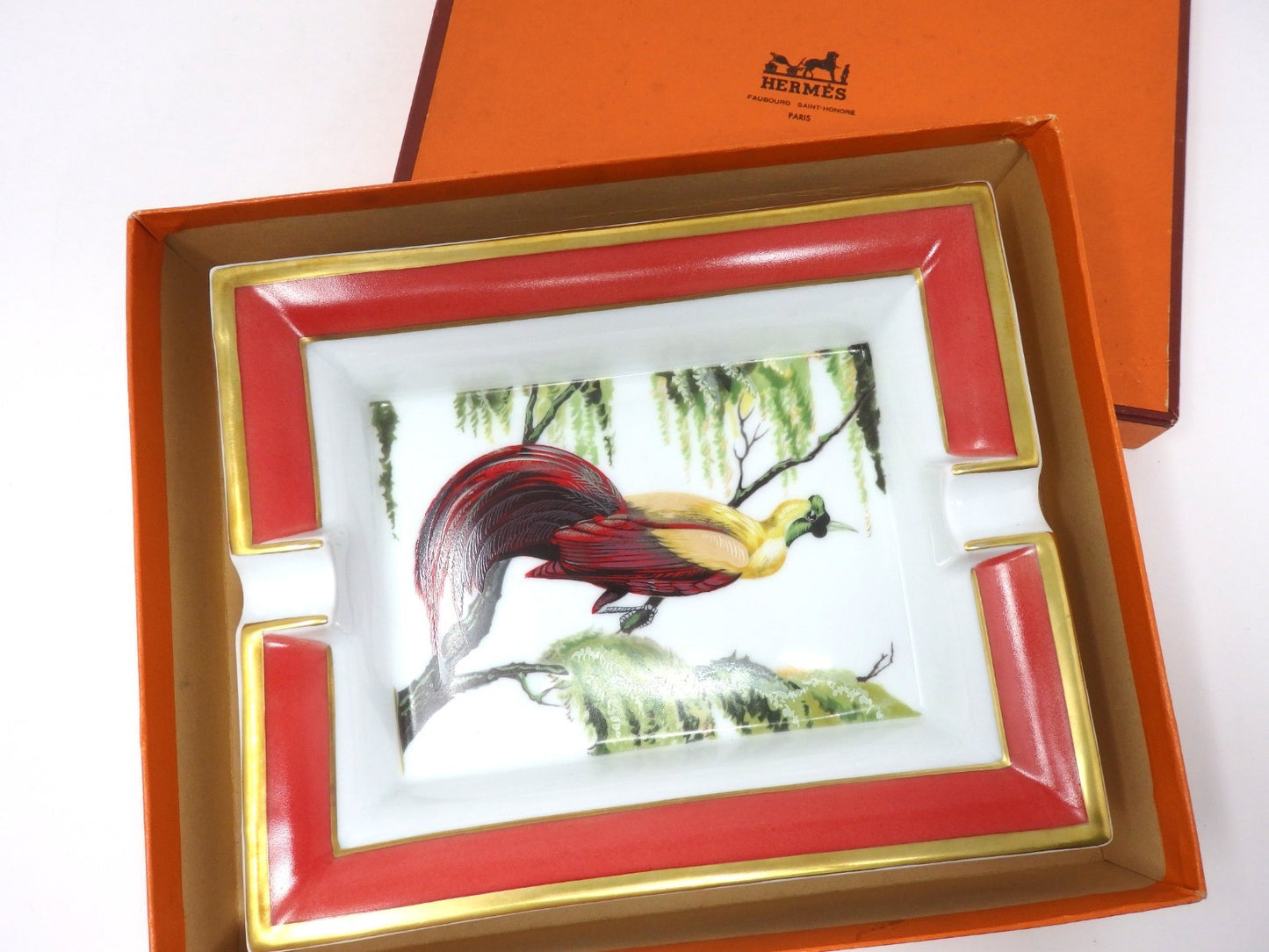 HERMES Ashtray Porcelain Exotic Bird Motif Interior Tableware Plate Gift Boxed