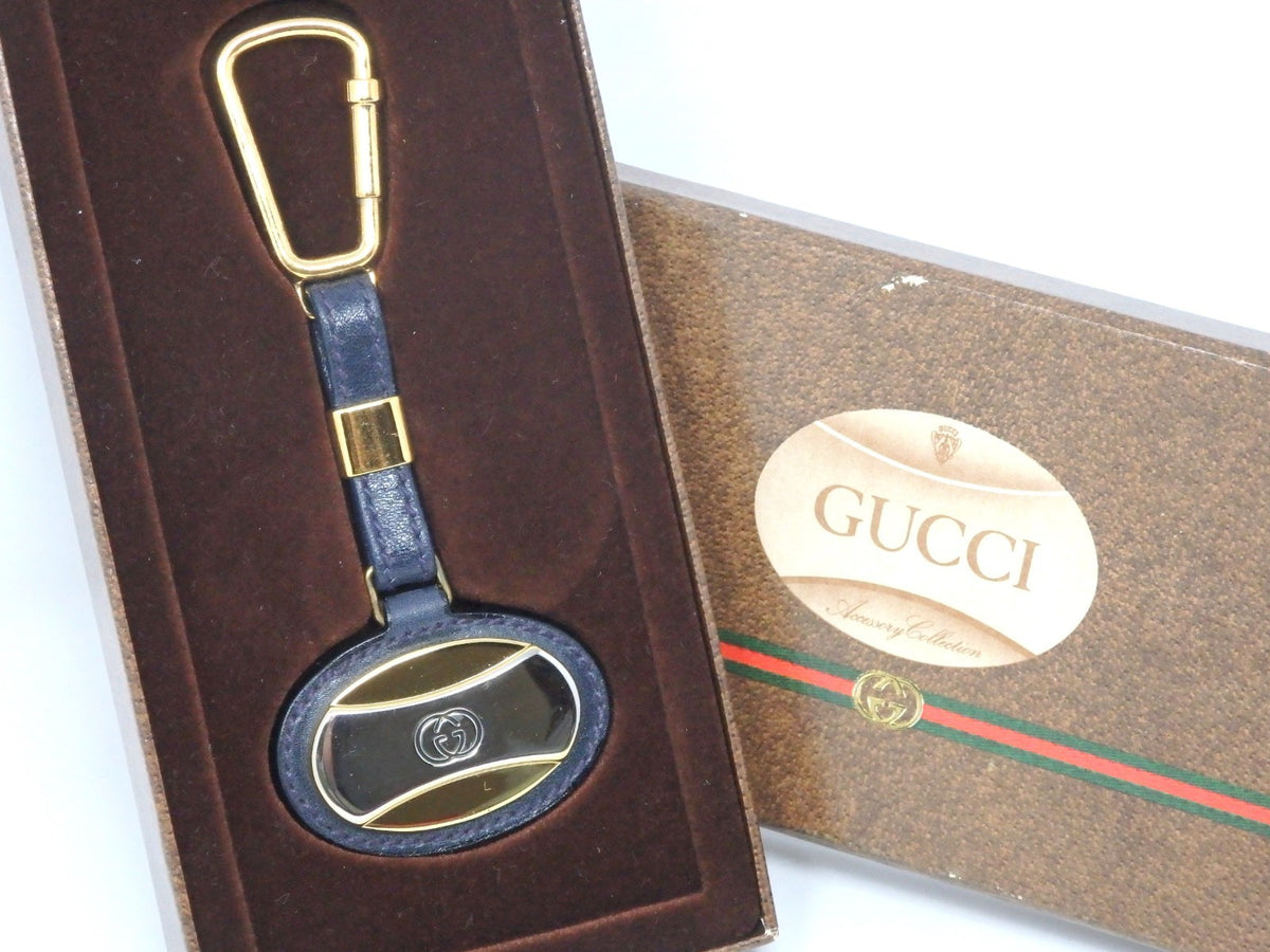 GUCCI Vintage G Logo Interlocking Silver Gold Key Chain Holder Ring Charm Box BK