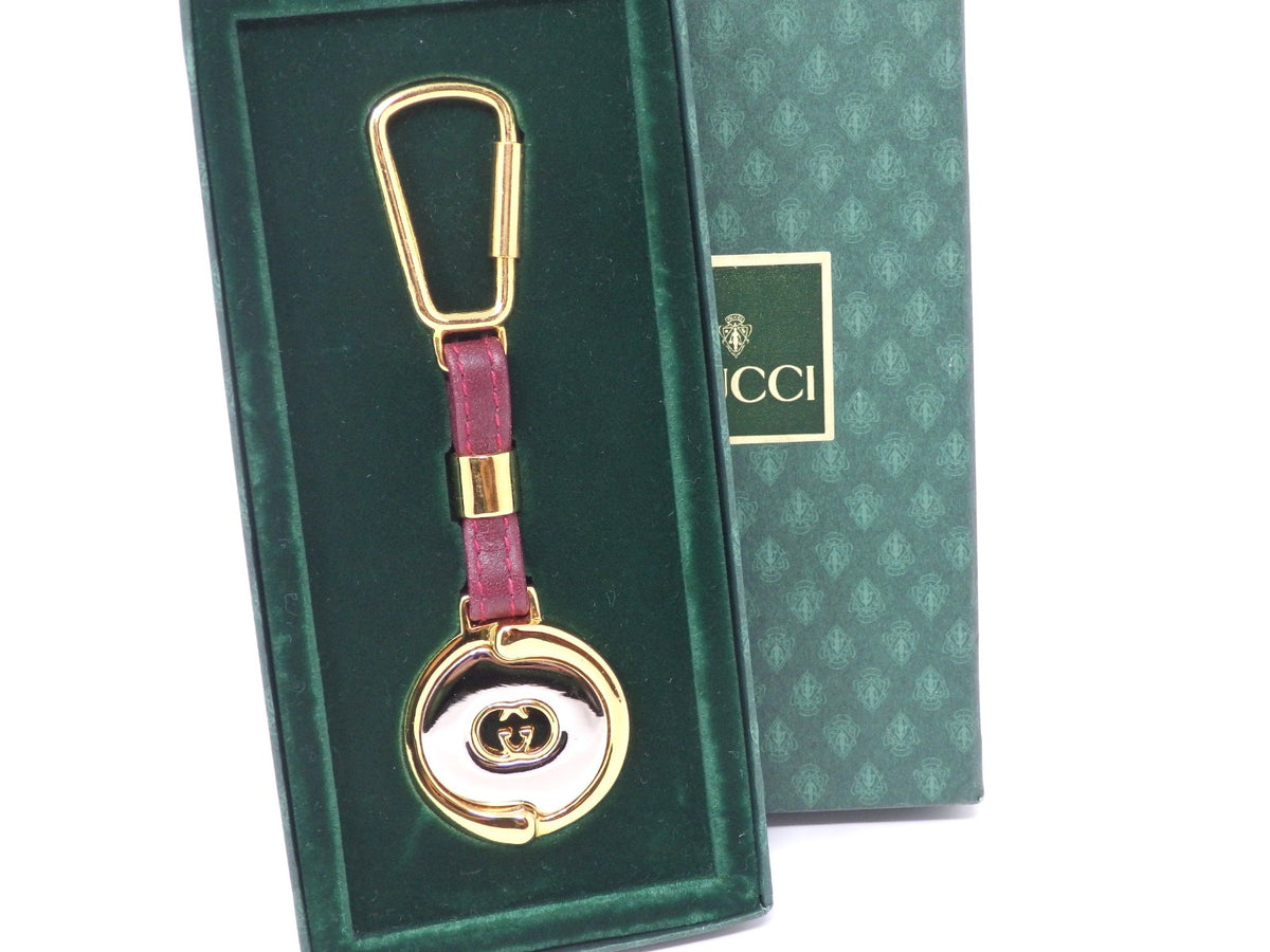 GUCCI Vintage GG Logo Interlocking Silver Gold Key Chain Holder Ring Charm Boxed