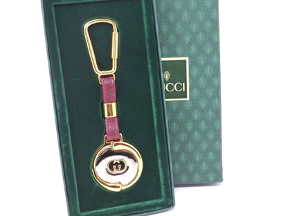 GUCCI Vintage GG Logo Interlocking Silver Gold Key Chain Holder Ring Charm Boxed