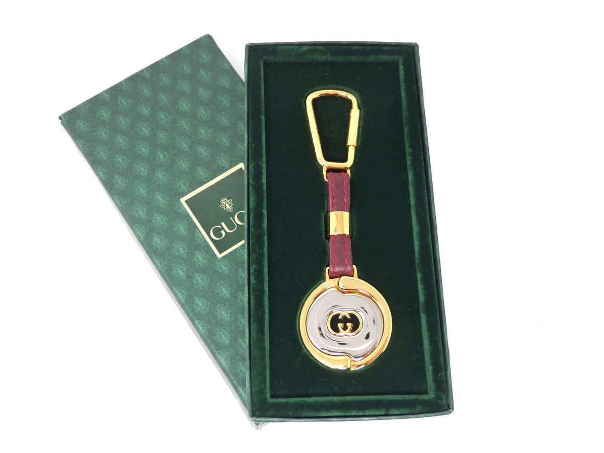 GUCCI Vintage GG Logo Interlocking Silver Gold Key Chain Holder Ring Charm Boxed