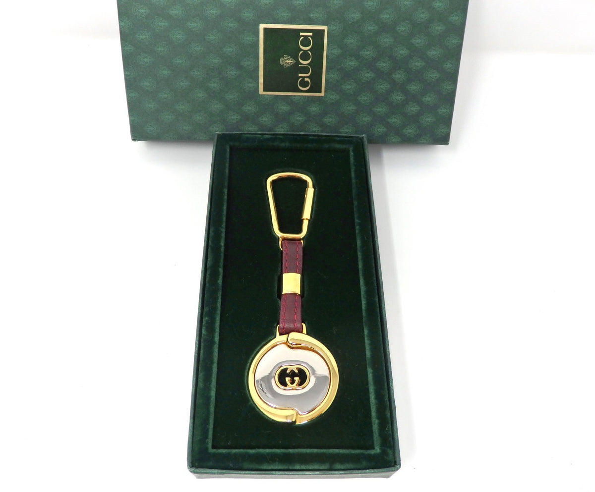 GUCCI Vintage GG Logo Interlocking Silver Gold Key Chain Holder Ring Charm Boxed