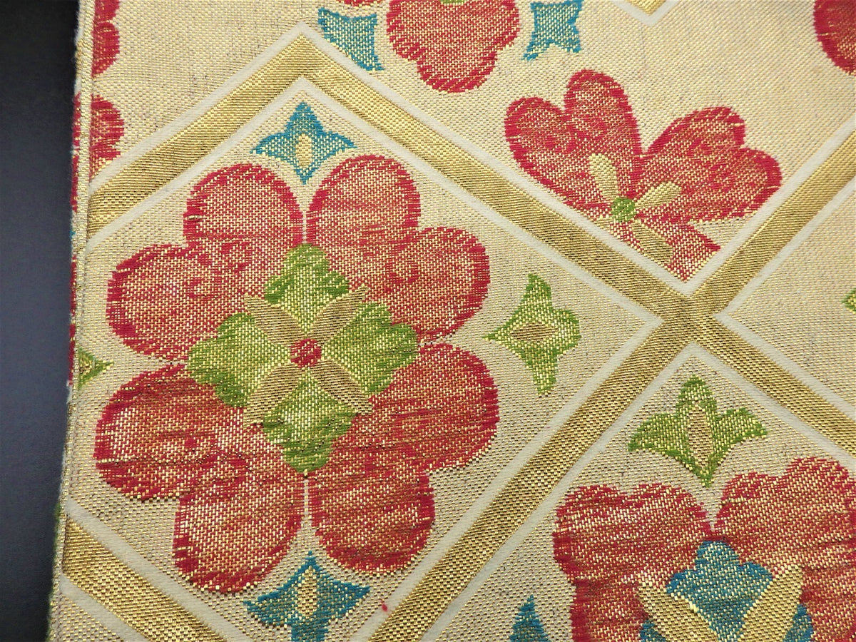 FUKURO OBI SILK Champagne Gold Flower design KIMONO Vintage Antique Japan beauty