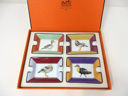 HERMES Mini Ashtray Set 4 Plate Change Tray Bird Pattern Porcelain Interior Box