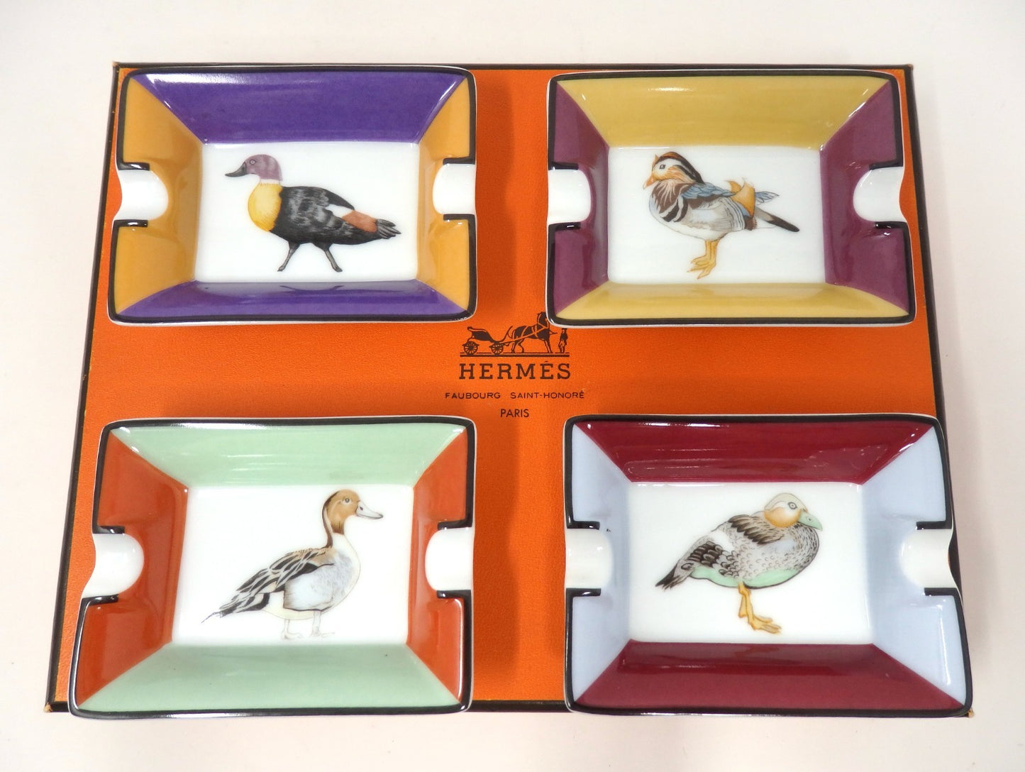 HERMES Mini Ashtray Set 4 Plate Change Tray Bird Pattern Porcelain Interior Box