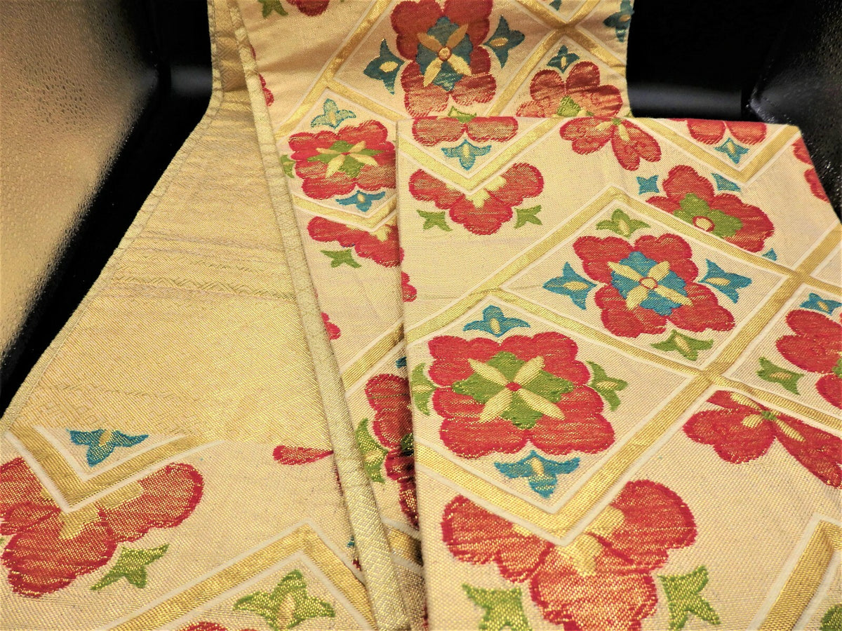 FUKURO OBI SILK Champagne Gold Flower design KIMONO Vintage Antique Japan beauty