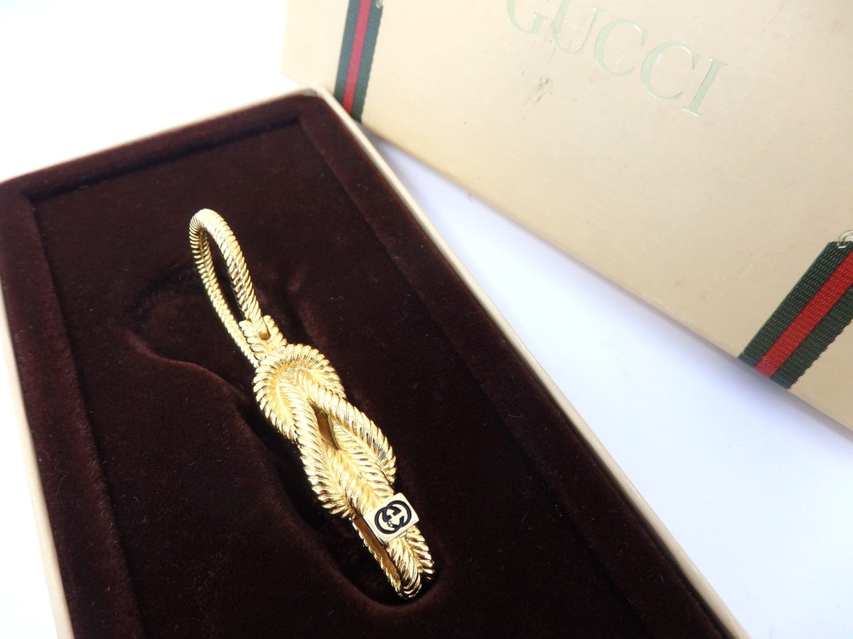 GUCCI Vintage GG Interlocking Gold Twist Motif Key Chain Holder Ring Charm Boxed