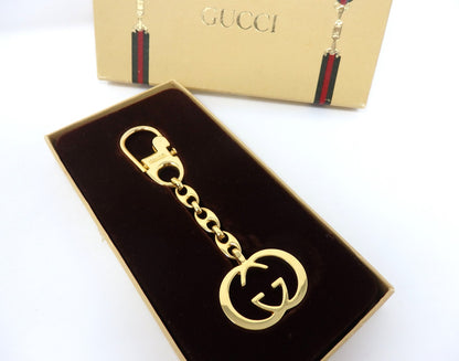 GUCCI Vintage Interlocking GG Logo Gold Keychain Key Holder Ring Charm Box Italy
