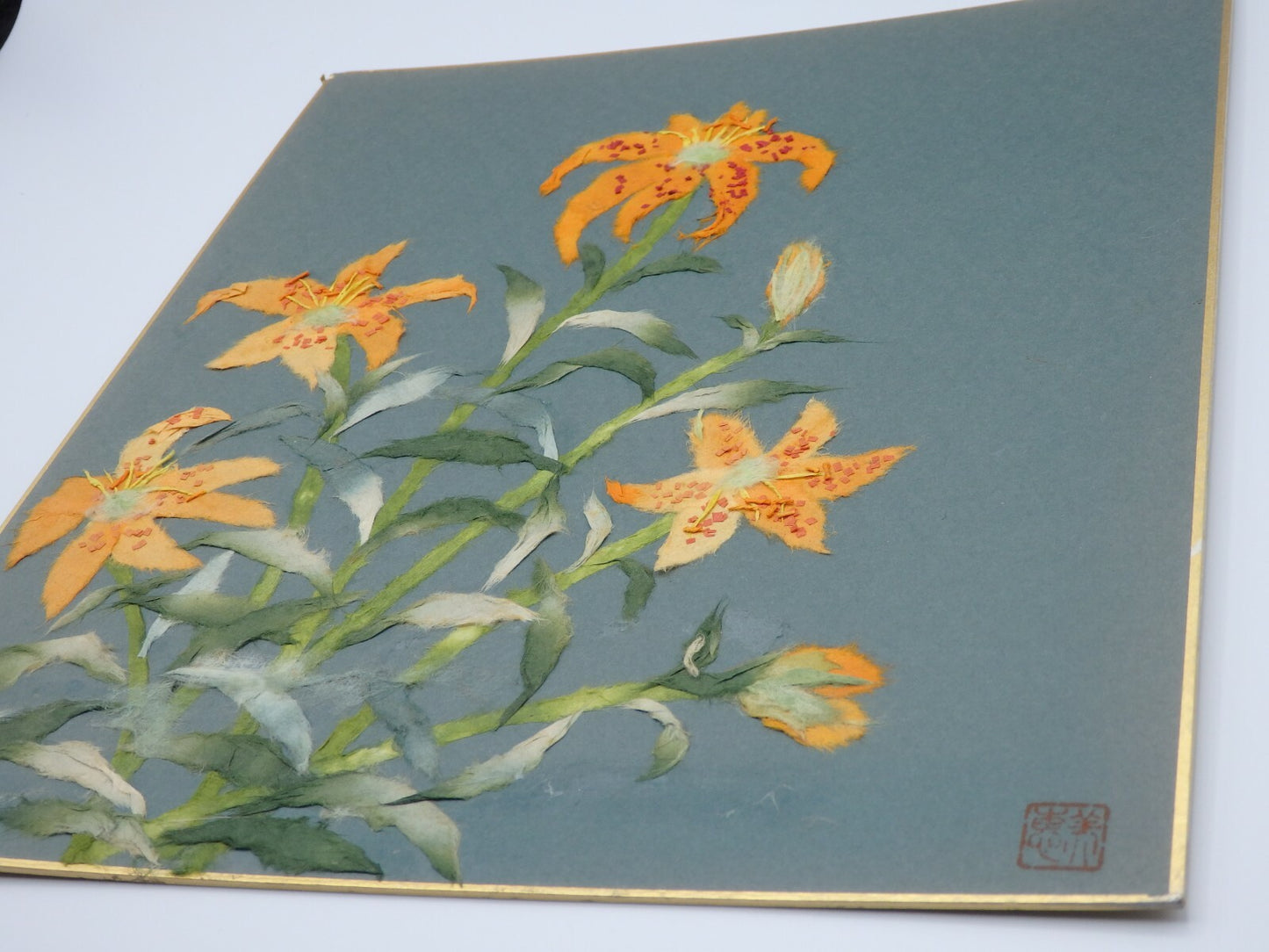 Japanese Paper Washi Chigiri-e Hari-e Handmade Shikishi Art "Golden‐rayed Lily”