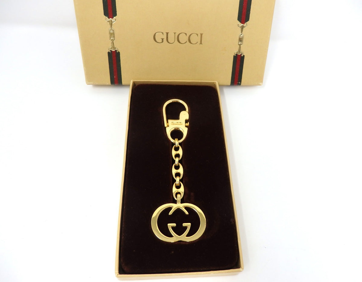 GUCCI Vintage Interlocking GG Logo Gold Keychain Key Holder Ring Charm Box Italy