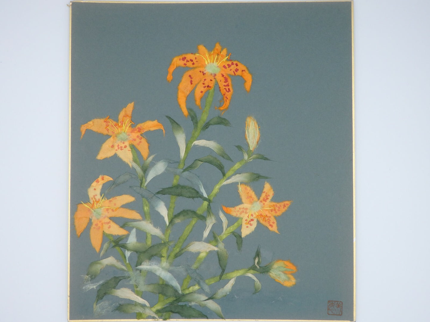 Japanese Paper Washi Chigiri-e Hari-e Handmade Shikishi Art "Golden‐rayed Lily”